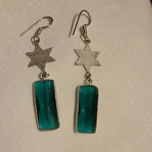 Silver Star Drop Earrings with Teal Gemstone